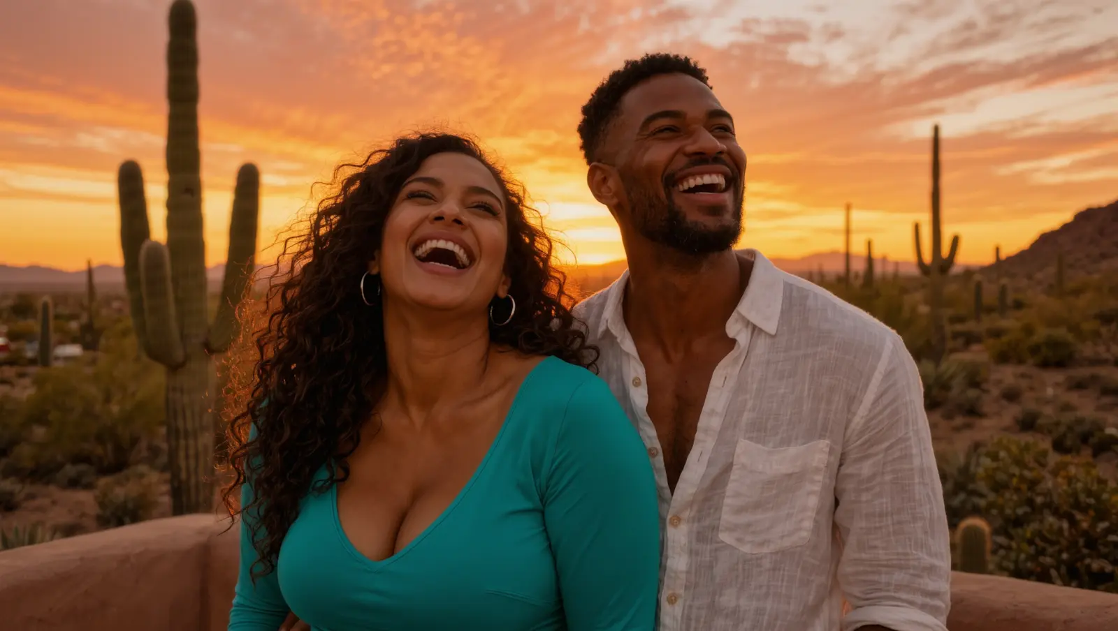 A woman in a turquoise top and a man in a white linen shirt laughing together at sunset with saguaro cacti behind them