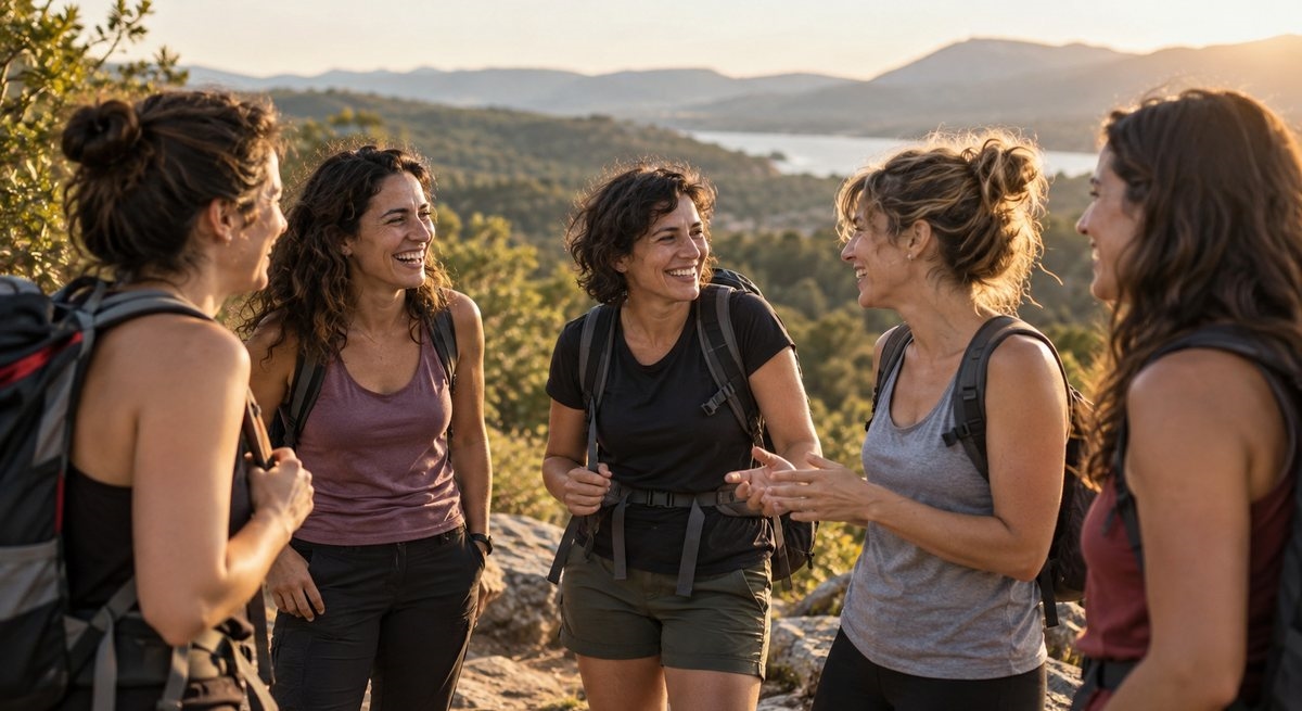 Grupo de mujeres charlando durante una ruta de senderismo al atardecer