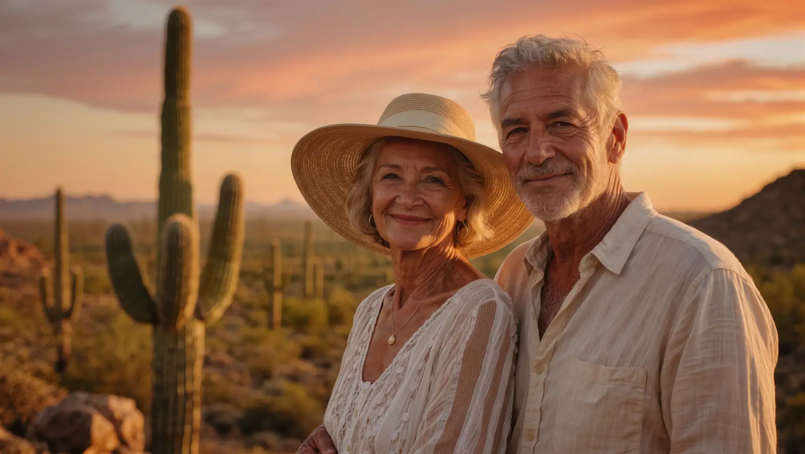 A smiling couple in their 60s at a desert viewpoint at sunset, with saguaro cacti behind them and the woman wearing a straw hat