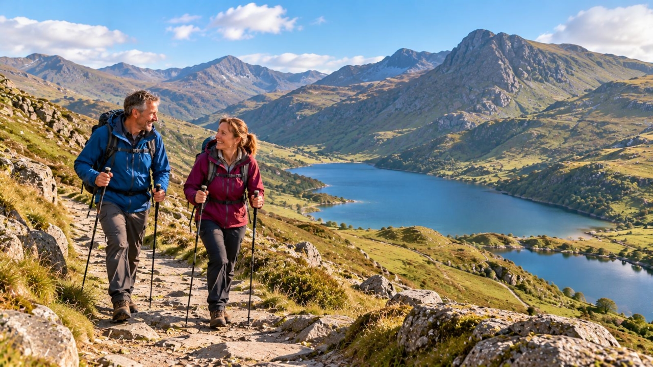 Two walkers on a mountain path in Snowdonia with a blue lake and rugged peaks beyond