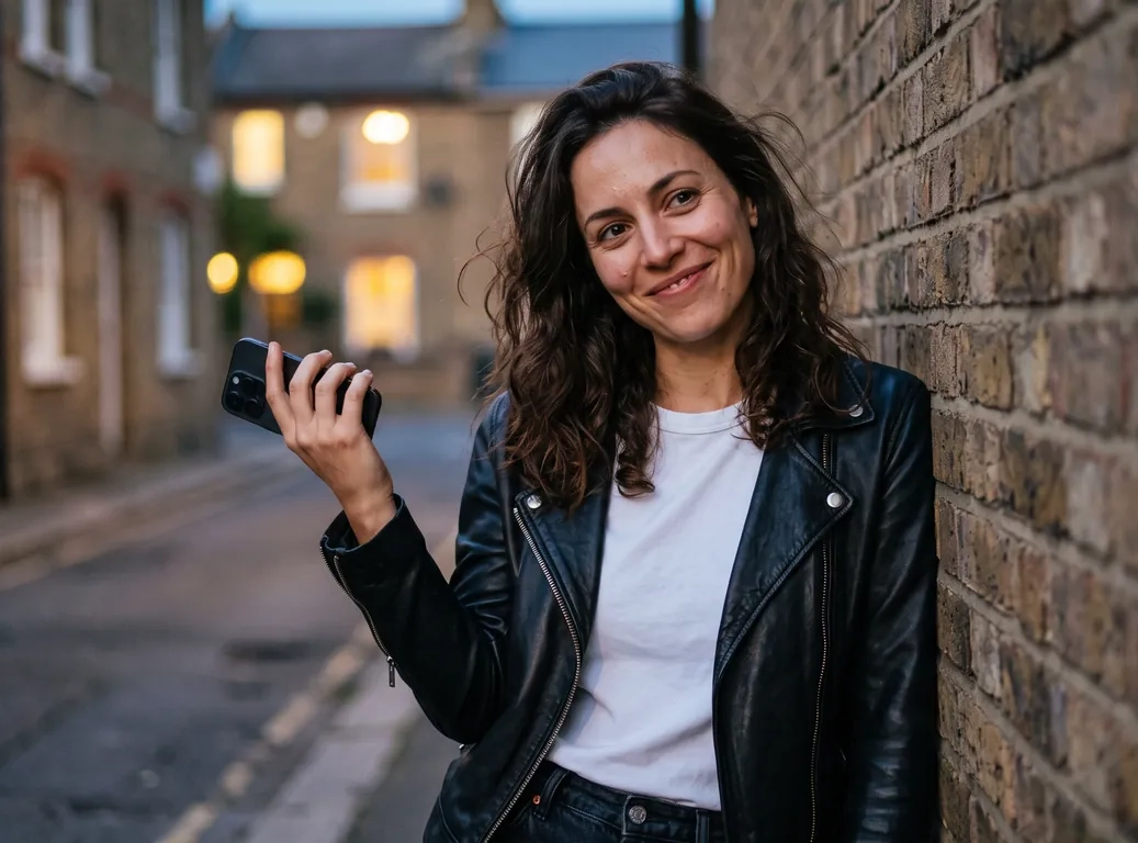 A woman with wavy dark brown hair in a black leather jacket leans against a brick wall on a quiet street at dusk, tilting her head and smiling at the camera with a phone in one hand (AI-generated image)
