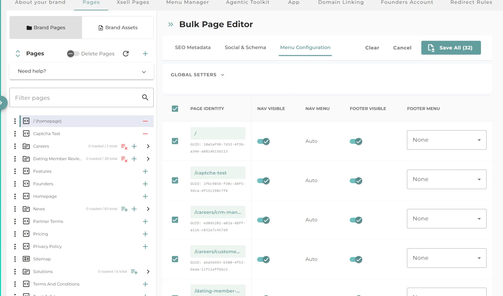 The Menu Configuration tab of the Bulk Page Editor, showing per-page columns for Nav Visible, Nav Menu, Footer Visible and Footer Menu, one row per page.