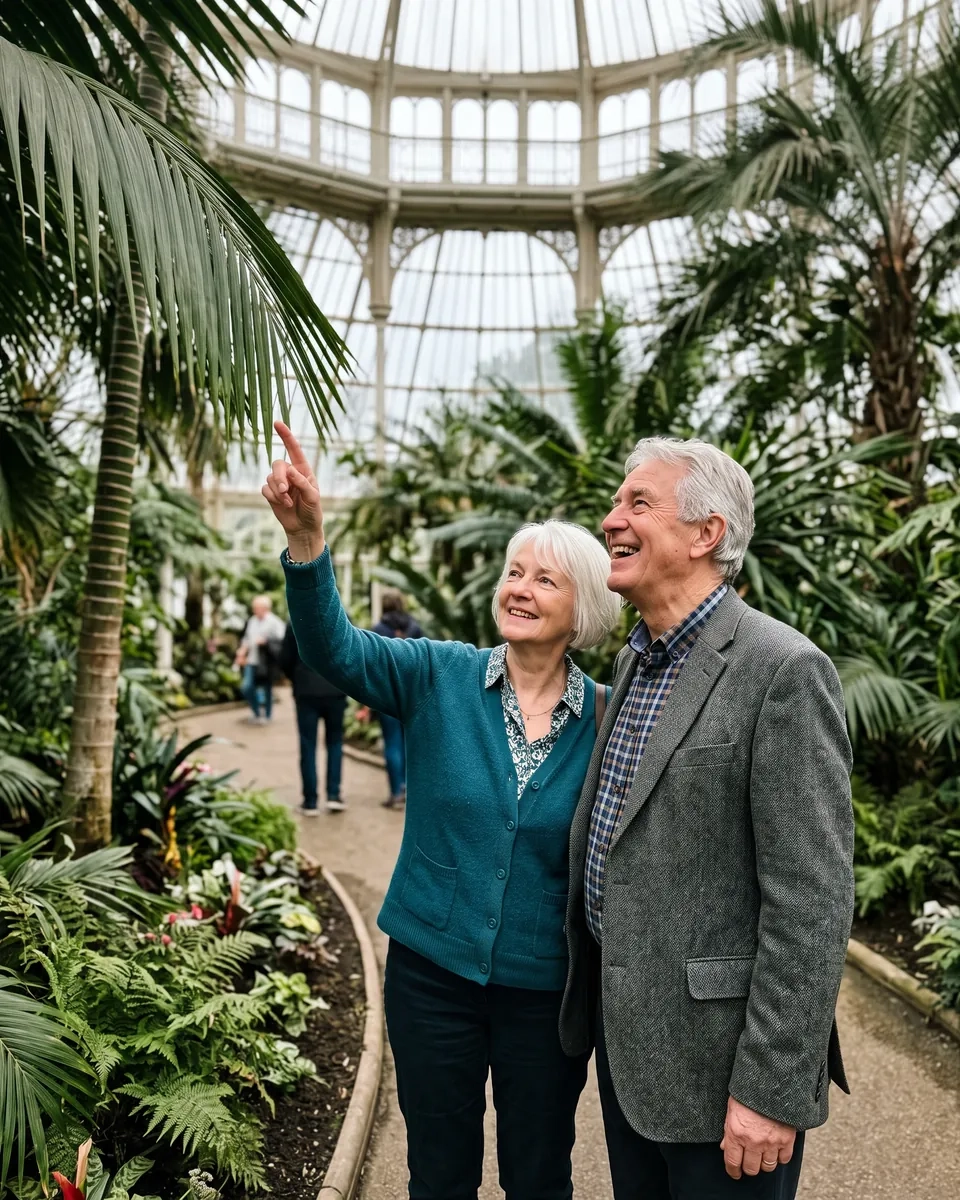 A woman in her late sixties with short white hair points up at a palm as she and a man in his early seventies smile inside a domed glass palm house (AI-generated image)