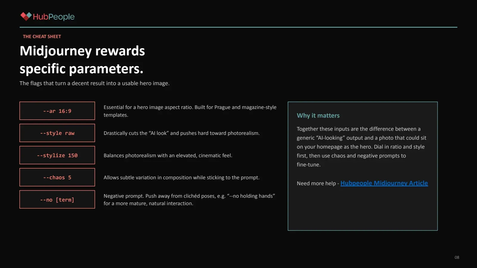 Slide 9: The cheat sheet: Midjourney rewards specific parameters