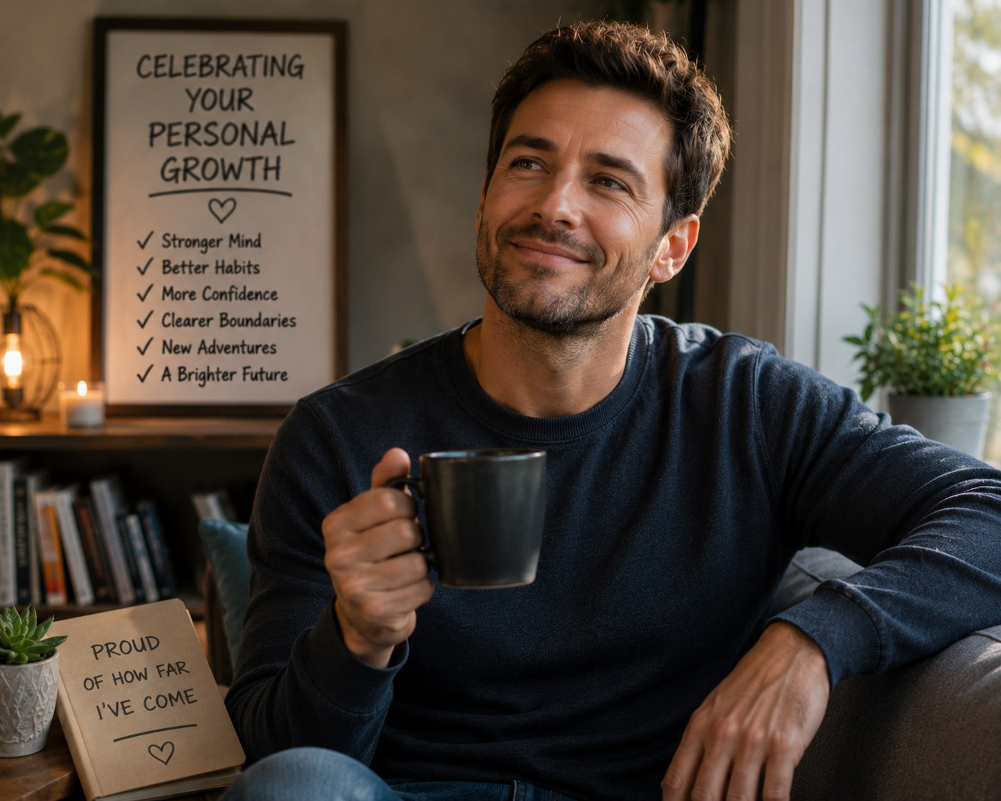 A man sits on his sofa holding a mug, smiling thoughtfully, beside a notebook reading 'proud of how far I've come' and a framed poster listing personal growth milestones including stronger mind, better habits, and more confidence