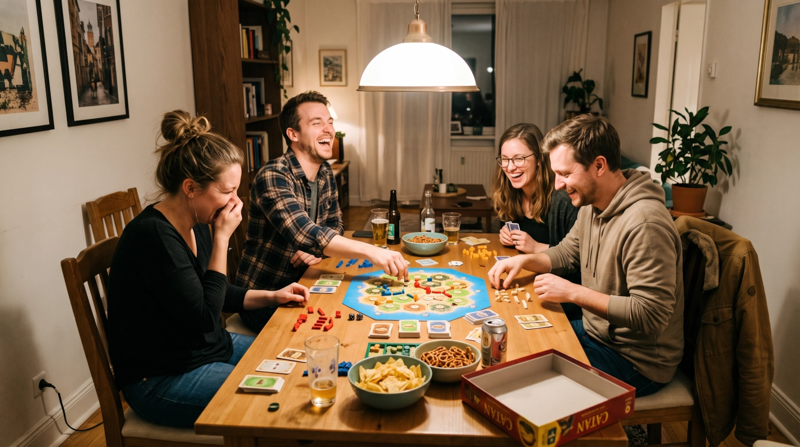 Four friends laughing around a board game on a wooden table