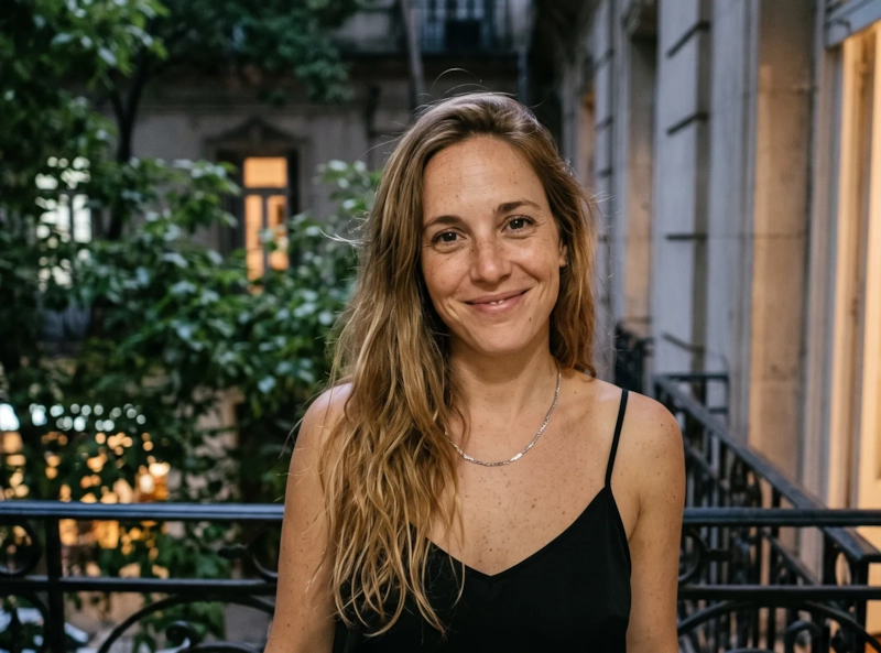 Una mujer de pelo largo castaño claro y top negro de tirantes sonríe en un balcón de hierro de un edificio antiguo de Palermo, en Buenos Aires, de noche (imagen generada por IA)