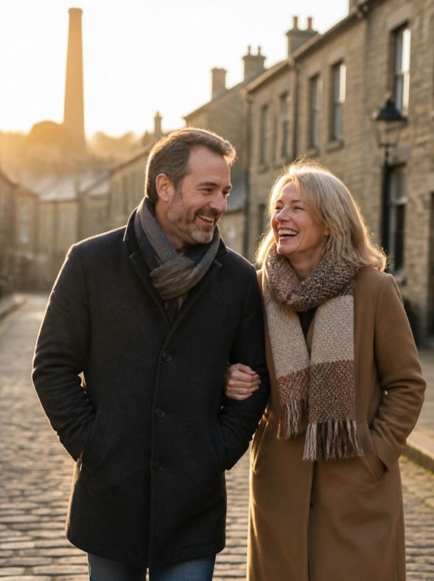 A happy couple walking arm in arm along a cobbled street in a Victorian mill village