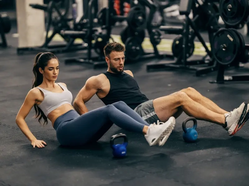 A couple doing a kettlebell core workout together on the gym floor