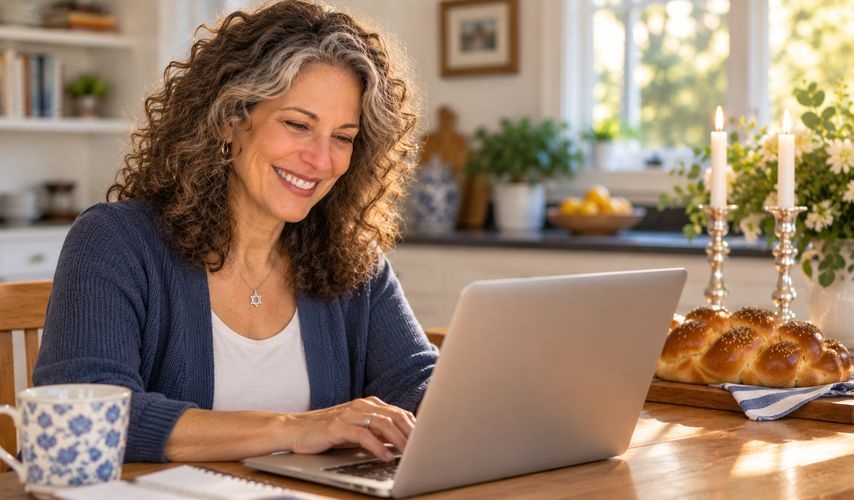 Smiling woman in her fifties setting up her profile on a laptop at a kitchen table with Shabbat candlesticks and challah behind her