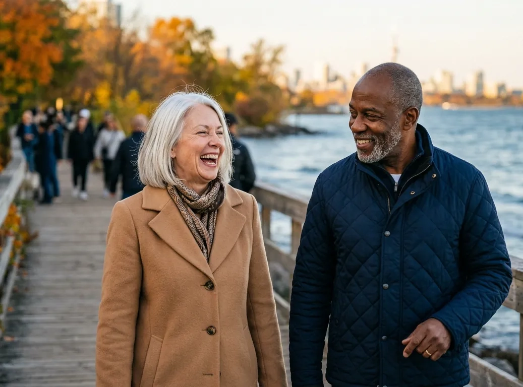 A woman in her early sixties with a silver bob and a camel coat laughs with a man in his mid sixties with a grey beard on a lakeside boardwalk in Toronto in autumn (AI-generated image)
