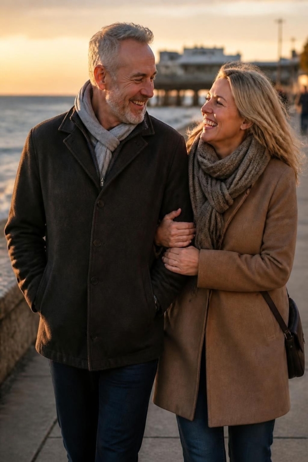 A happy couple in winter coats and scarves walking arm in arm along the seafront at sunset