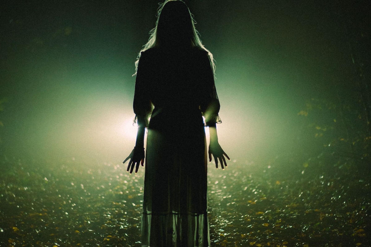 Silhouette of a woman standing with arms outstretched in a misty, moonlit forest clearing