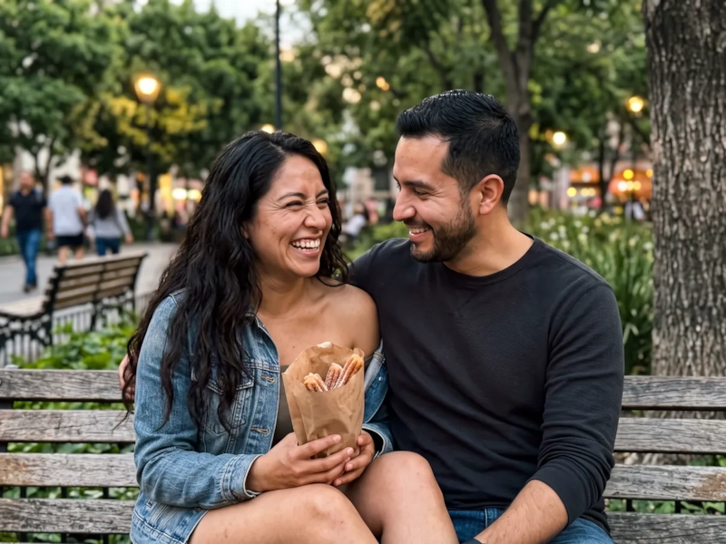 Una pareja se ríe sentada en un banco de una plaza arbolada al anochecer mientras comparte una bolsa de churros (imagen generada por IA)