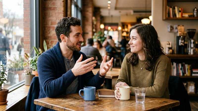 Two people having an open and honest conversation at a coffee shop
