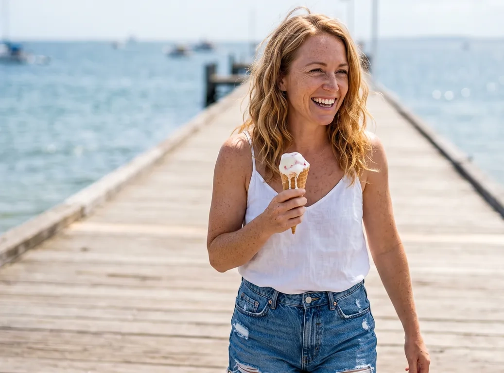 A woman with wavy strawberry blonde hair in a white camisole and denim shorts walks along a sunny wooden pier holding an ice cream cone, laughing and glancing sideways at someone out of frame (AI-generated image)