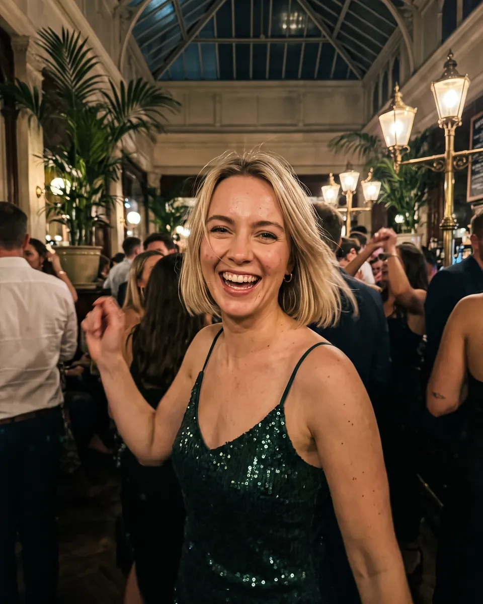 A woman with a blonde bob and a sequinned slip dress dances with one arm raised in a grand Victorian bar with palms and brass lamps (AI-generated image)