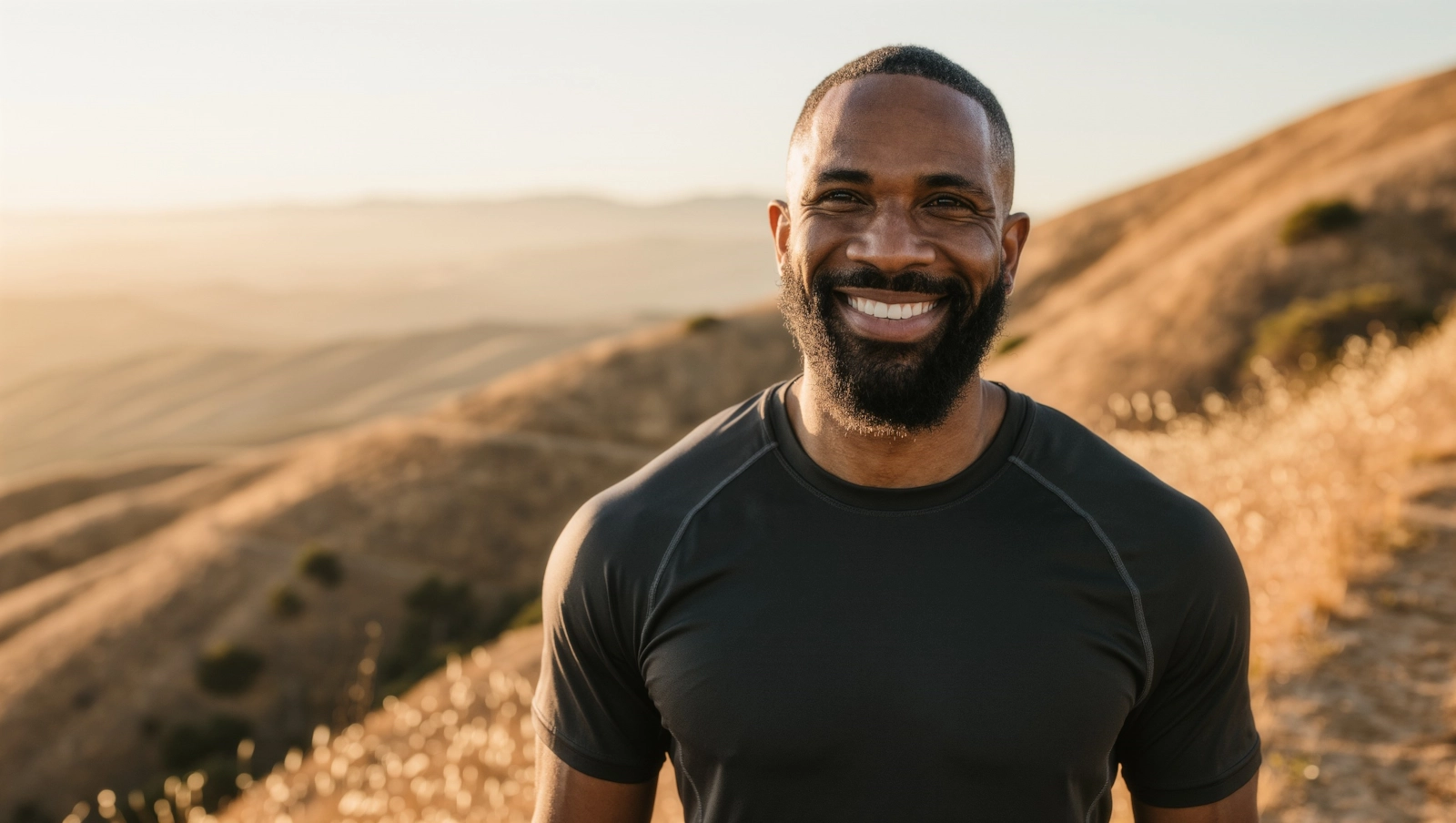 A smiling bearded man in a dark athletic shirt on a golden hillside trail
