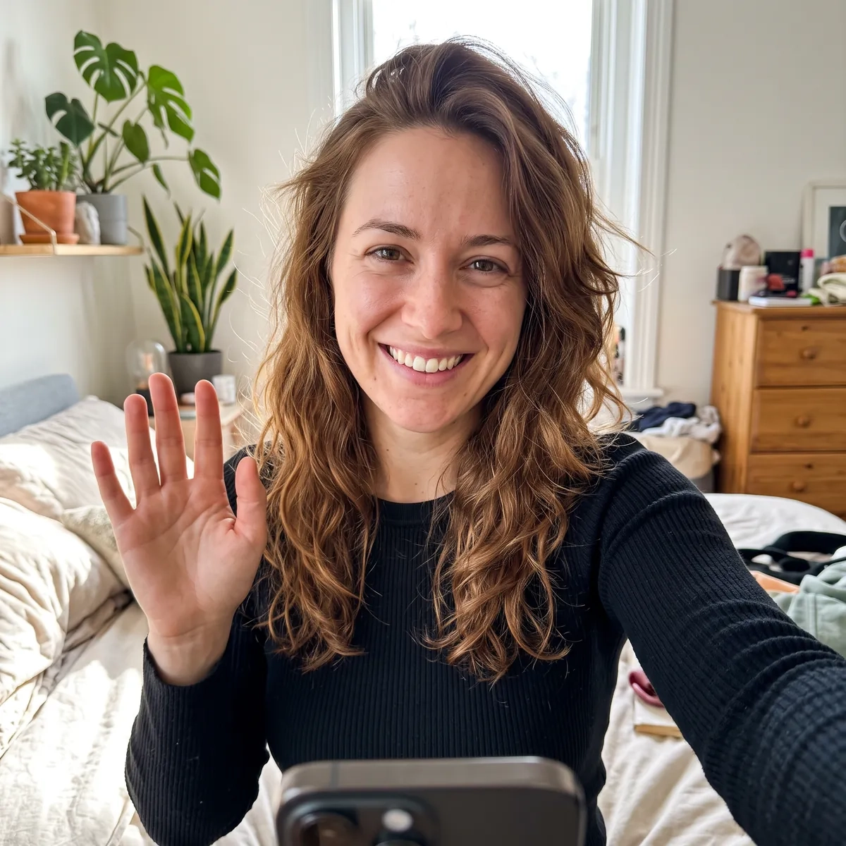 A woman with wavy chestnut hair in a black ribbed top holds her phone out at arm's length and waves, as if on a video call, in a bright bedroom with plants (AI-generated image)