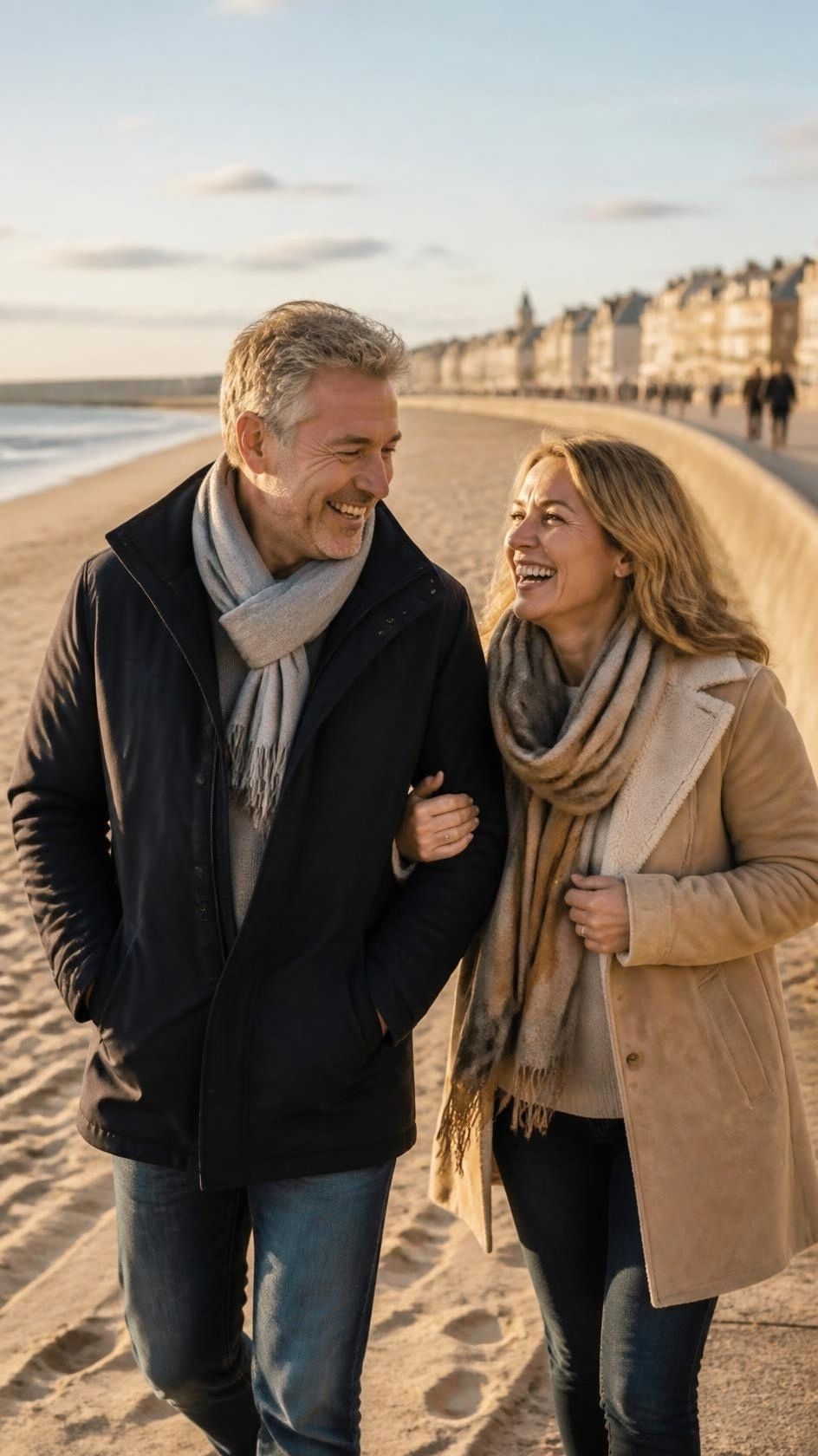 A happy couple walking arm in arm along a wide sandy beach by the promenade