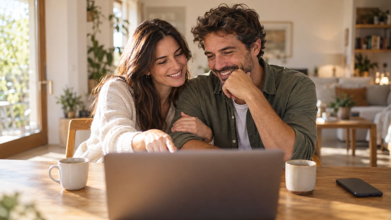 Una pareja mira juntos la pantalla de un portátil en la mesa de su casa, con dos tazas de café sobre la mesa