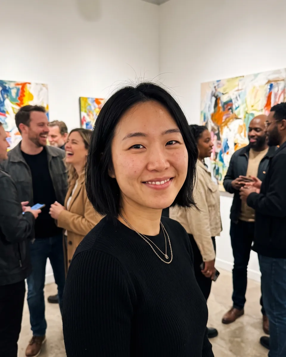 A smiling woman at a busy art gallery opening with abstract paintings on James Street North, Hamilton (AI-generated image)
