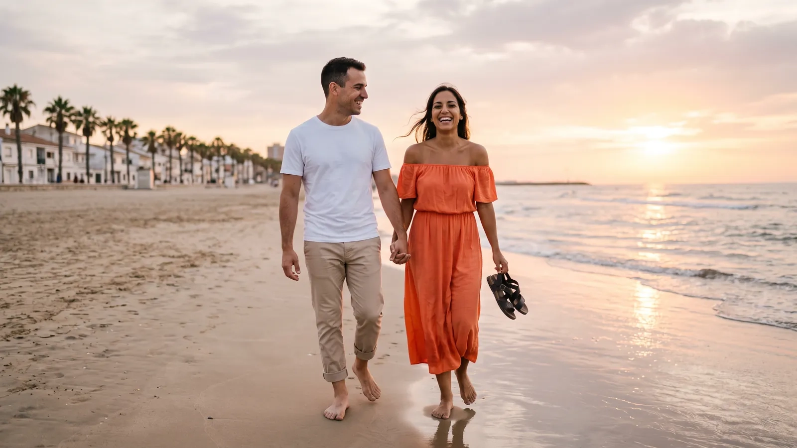 Una pareja camina descalza de la mano por la playa de la Malva-rosa en Valencia al atardecer, con el paseo marítimo y sus palmeras al fondo (imagen generada por IA)