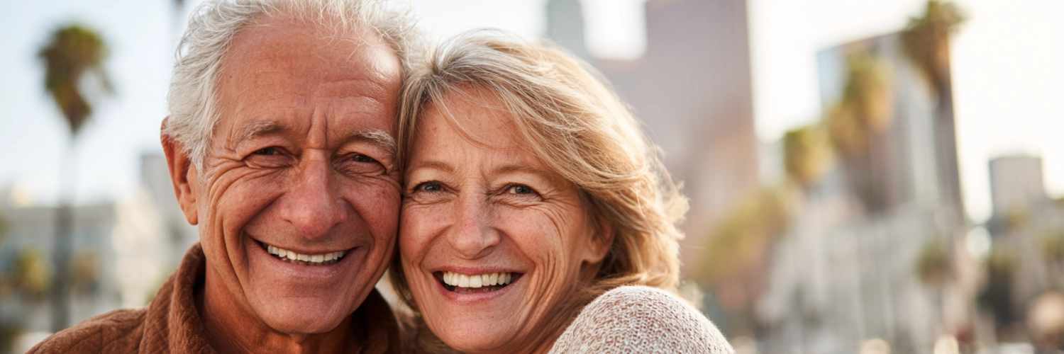 A vibrant, engaging scene of seniors enjoying a sunny day in Los Angeles, symbolizing love and connection in the city.
