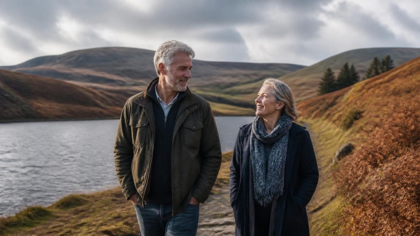 A couple walking and talking together along a reservoir path in the hills