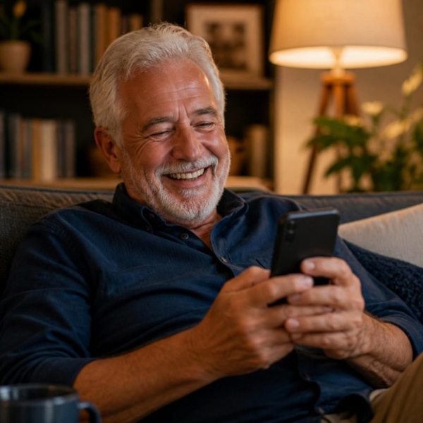 A man with white hair and a beard laughing at a message on his phone on the sofa