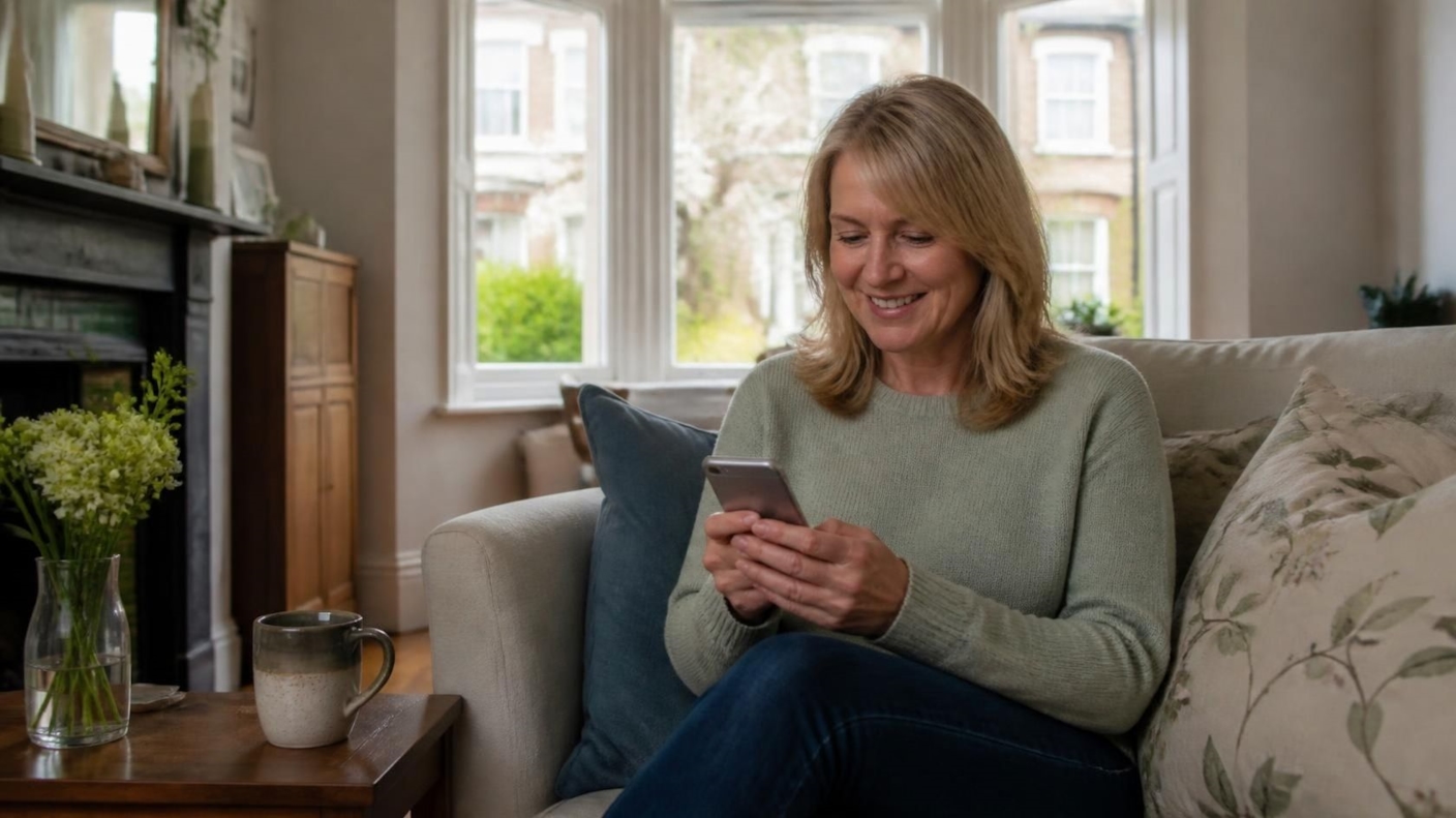 A woman smiling at her phone on a sofa in a bright bay window room
