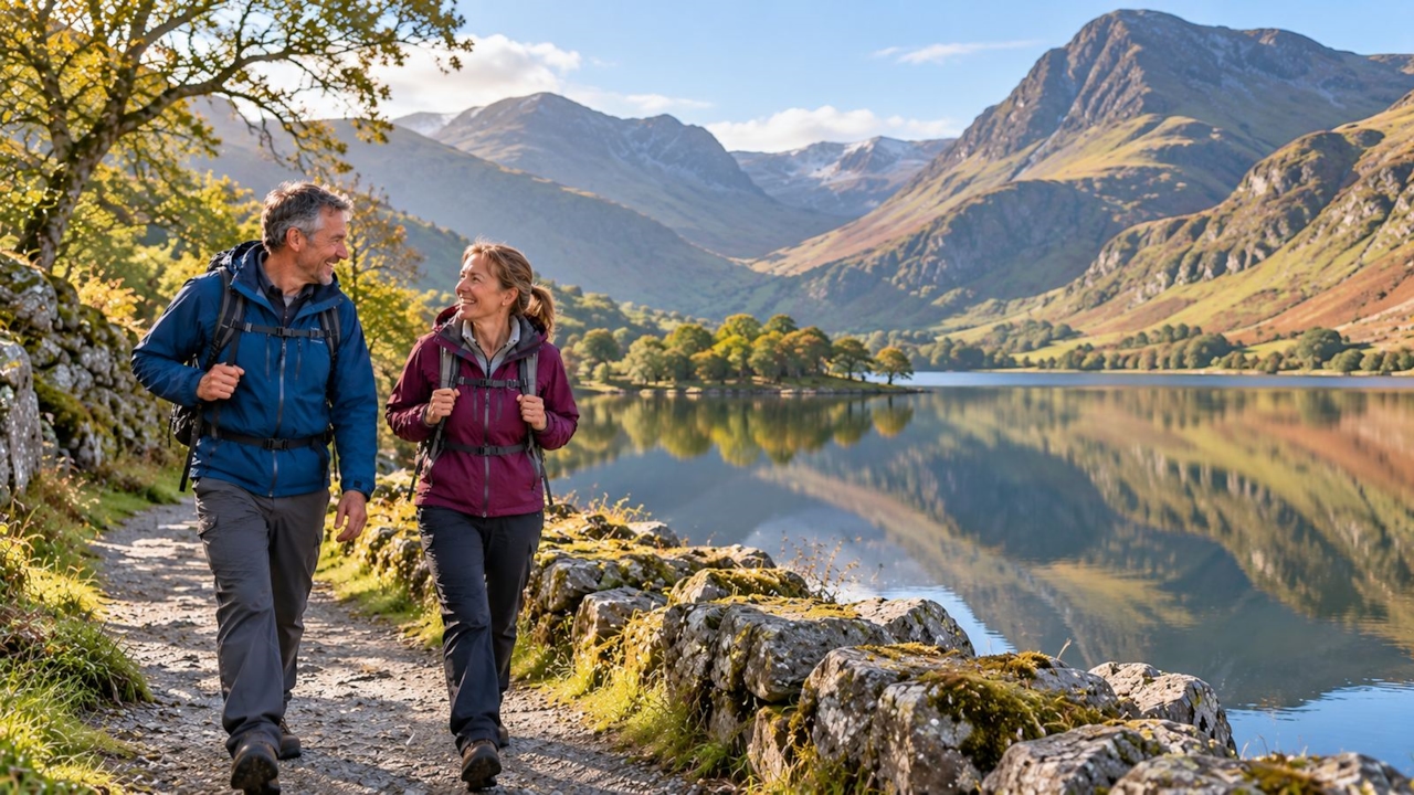 A couple walking along a lakeside path in the Lake District with fells rising behind them in soft morning light