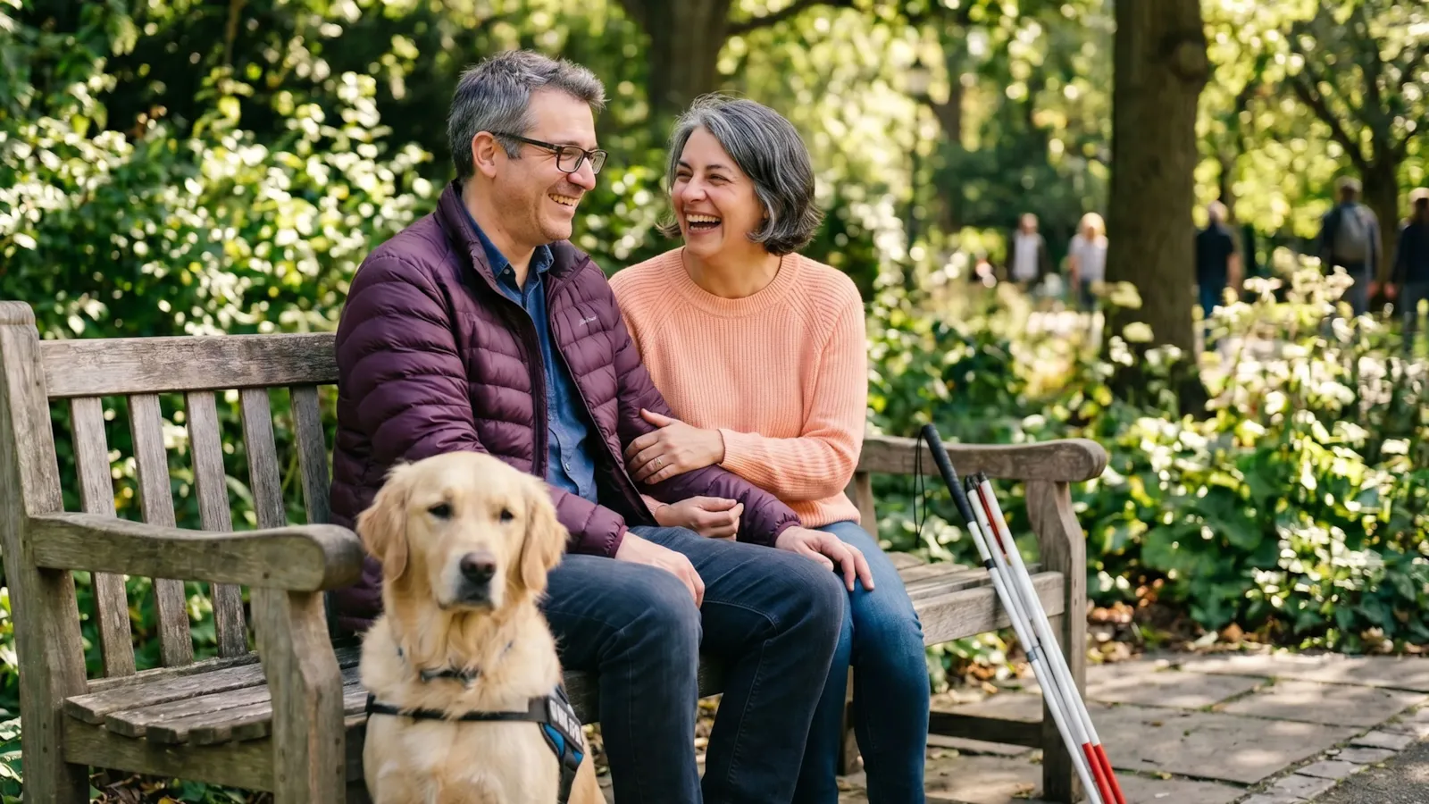 A couple laughing together on a park bench with a golden retriever guide dog and a folded white cane beside them