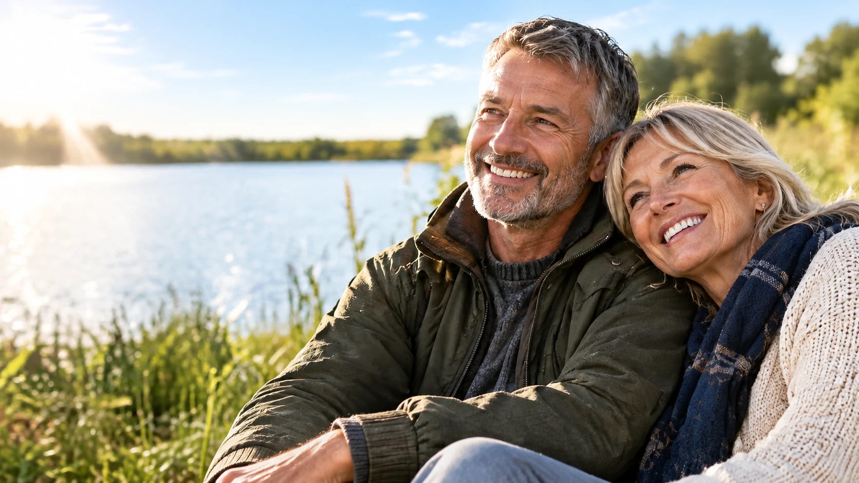 A smiling couple sitting together by a lake in the sunshine