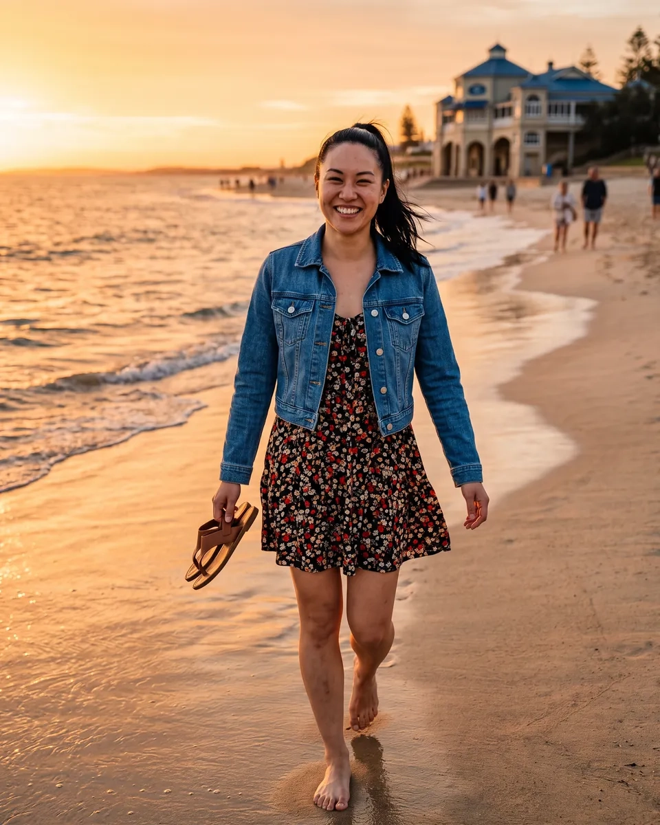 A woman with a sleek black ponytail, a cropped denim jacket and a floral sundress walks barefoot along Cottesloe Beach at sunset carrying her sandals (AI-generated image)