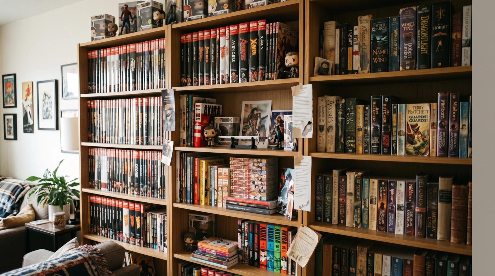 A tall bookcase of comics, books and collectibles in a living room