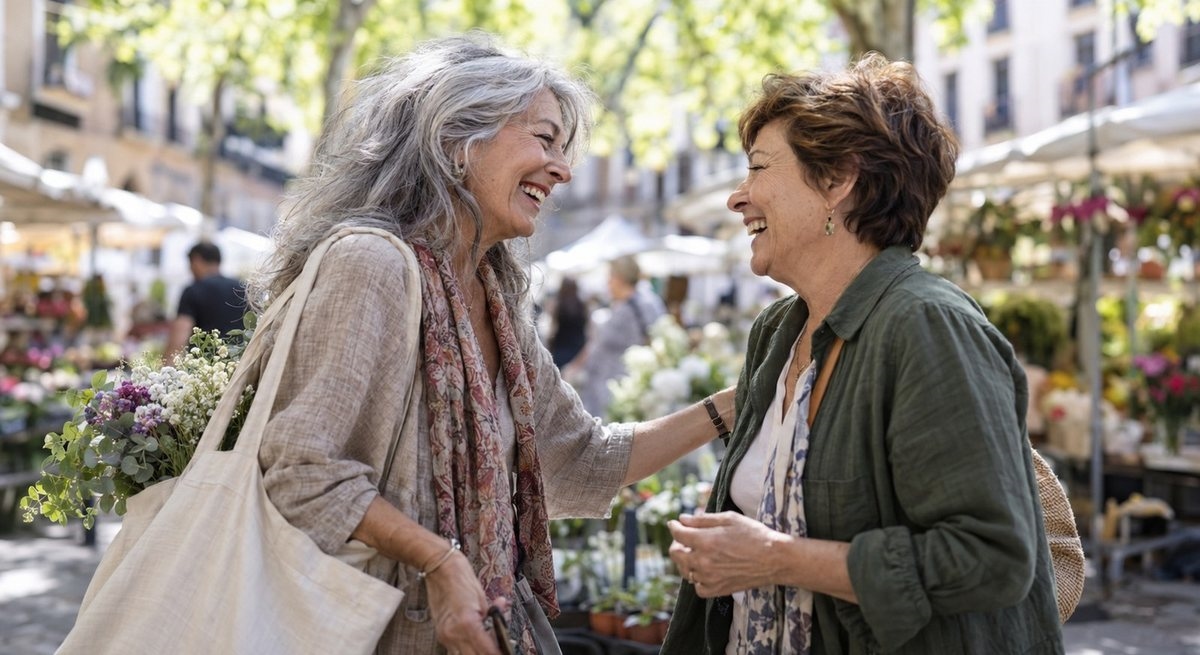 Dos mujeres de más de cincuenta años se saludan riendo en un mercado de flores al aire libre