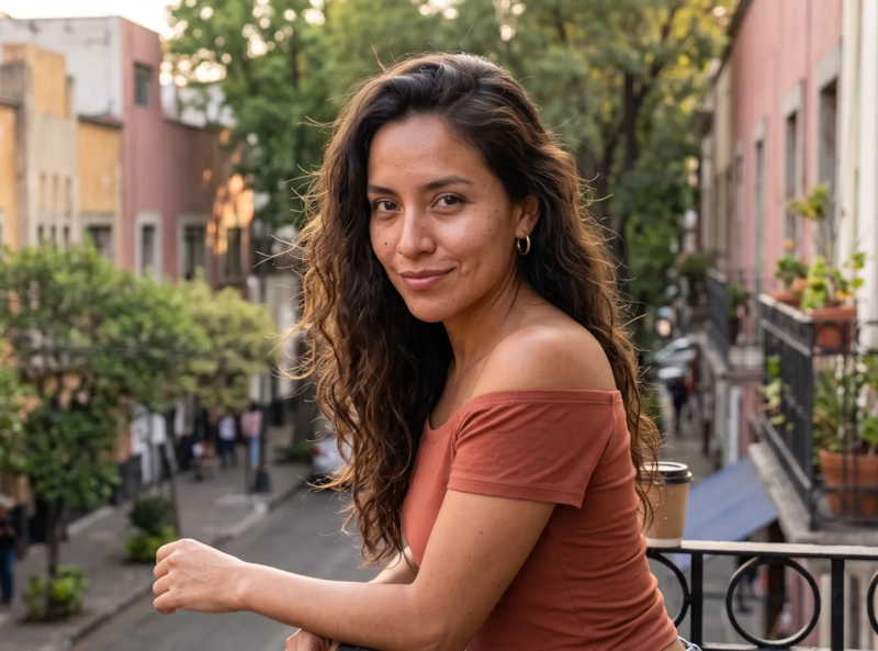 Una mujer de pelo largo, oscuro y ondulado, con una blusa terracota de hombros descubiertos, se apoya en el barandal de un balcón de la colonia Roma al atardecer y sonríe a la cámara (imagen generada por IA)