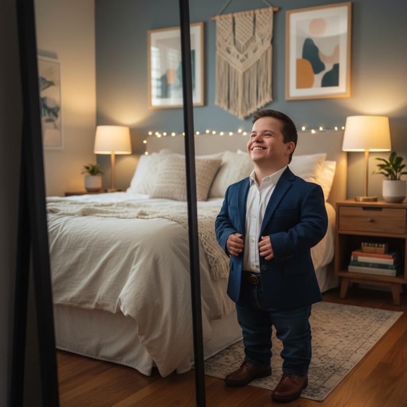 A confident little person with dwarfism smiling warmly while getting ready for a date, radiating self-assurance and positivity