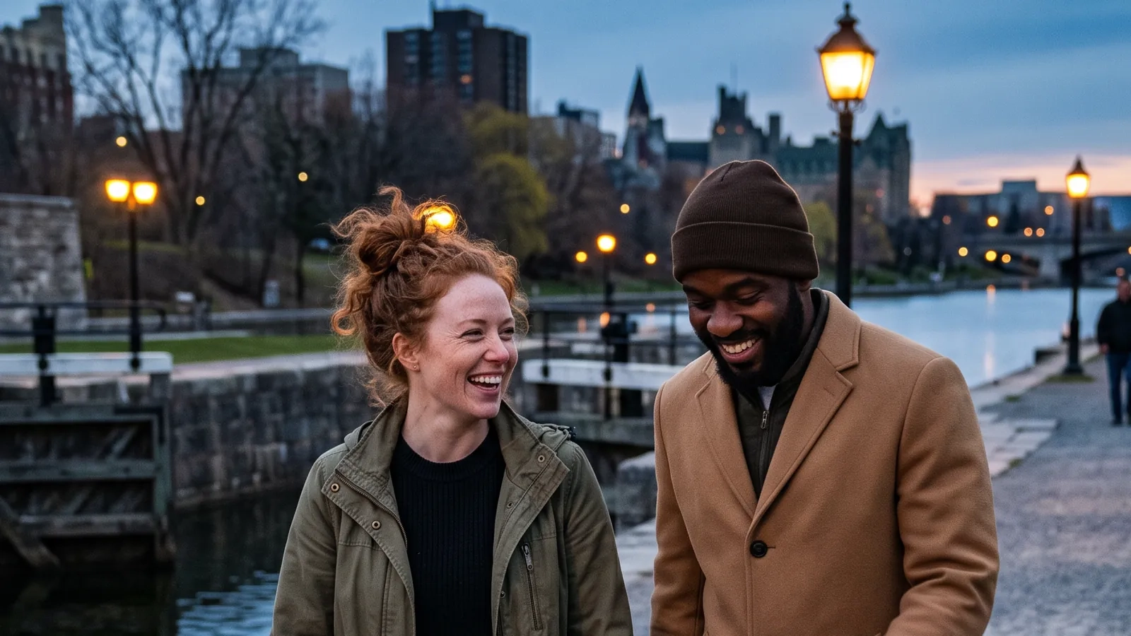 A laughing couple walking beside the stone locks of the Rideau Canal in Ottawa at dusk (AI-generated image)