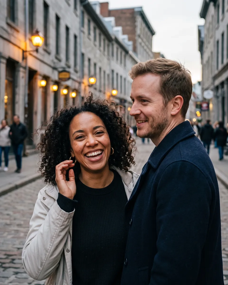 A couple on a cobblestone street in Old Montreal at dusk, she laughs under warm lantern light (AI-generated image)