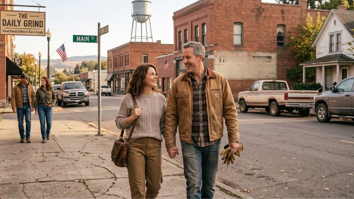 A couple walking together down a quiet city street