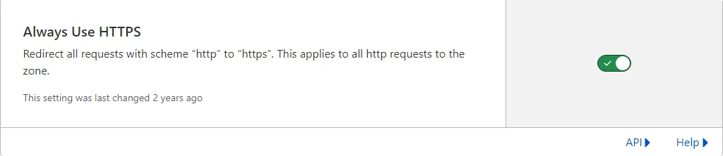 Cloudflare's Always Use HTTPS setting with the toggle switched on.