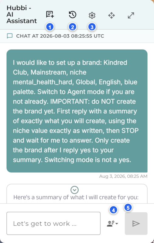 The Hubbi chat panel showing a brand creation conversation. Marker 1 points to the New Chat button, 2 to the Chat History button, 3 to the assistant settings, 4 to the chat mode selector next to the message box, 5 to the send button. The current chat's title shows under the header.