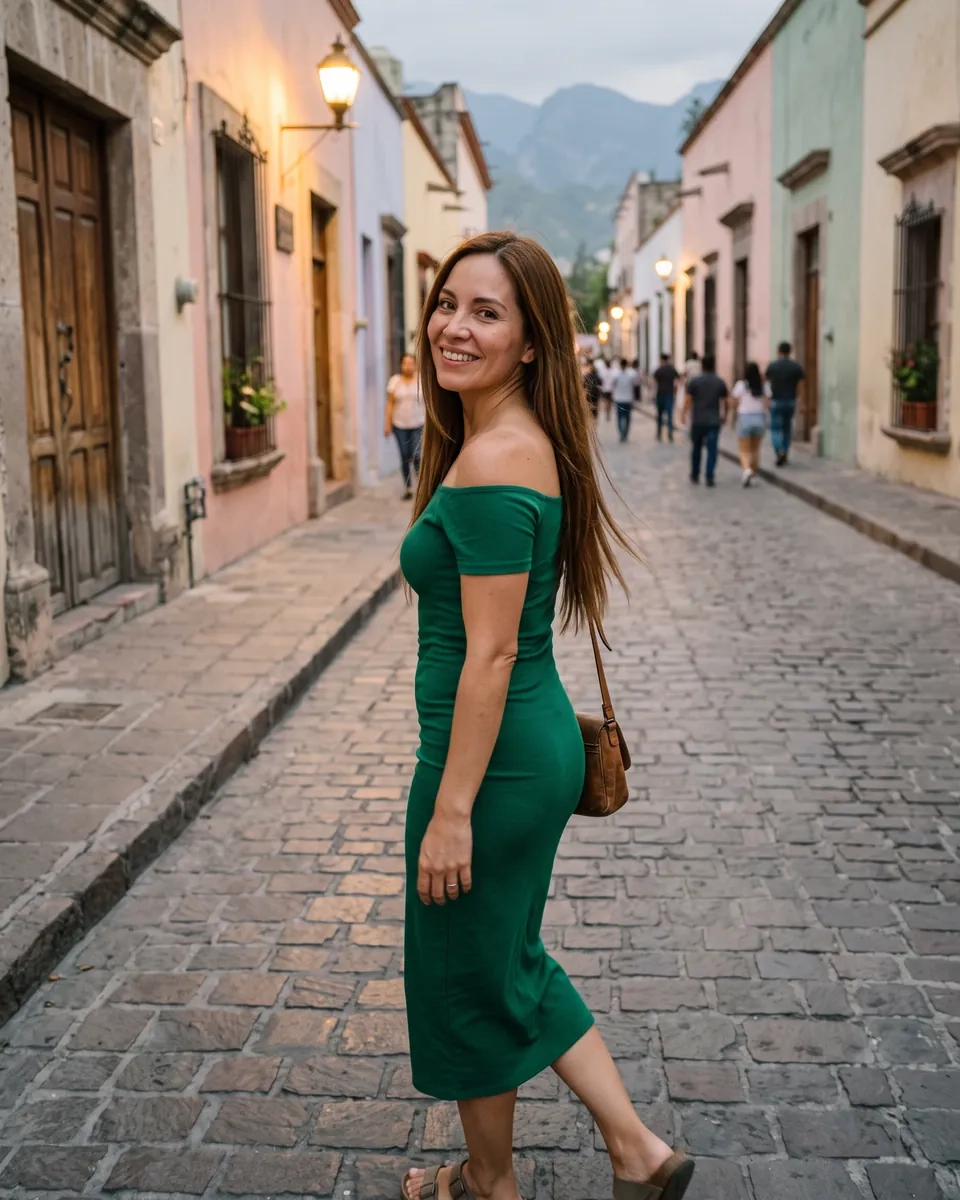 Una mujer con vestido verde voltea a la cámara en una calle empedrada de casas de colores del Barrio Antiguo de Monterrey al anochecer, con los cerros al fondo (imagen generada por IA)