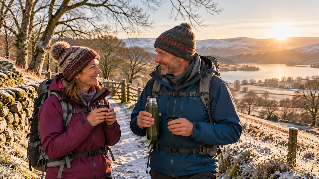 Two walkers in woolly hats sharing a hot drink from a flask on a frosty path