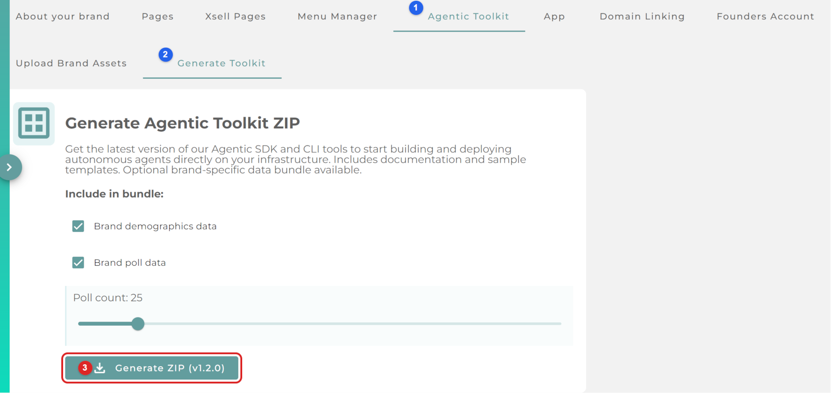 The portal Agentic Toolkit tab open on the Generate Toolkit sub-tab, showing the Generate Agentic Toolkit ZIP panel with tick boxes to include brand demographics and poll data, and a Generate ZIP (v1.2.0) button.