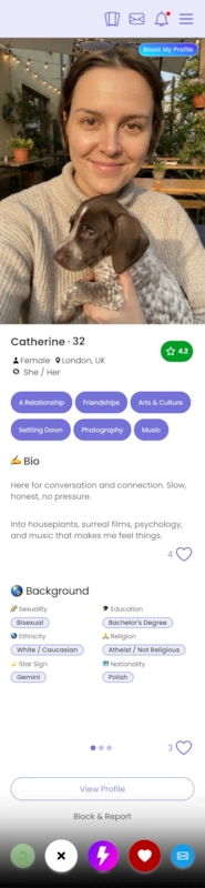 The Matches card, with bio, background, lifestyle and appearance, and an action bar beneath.