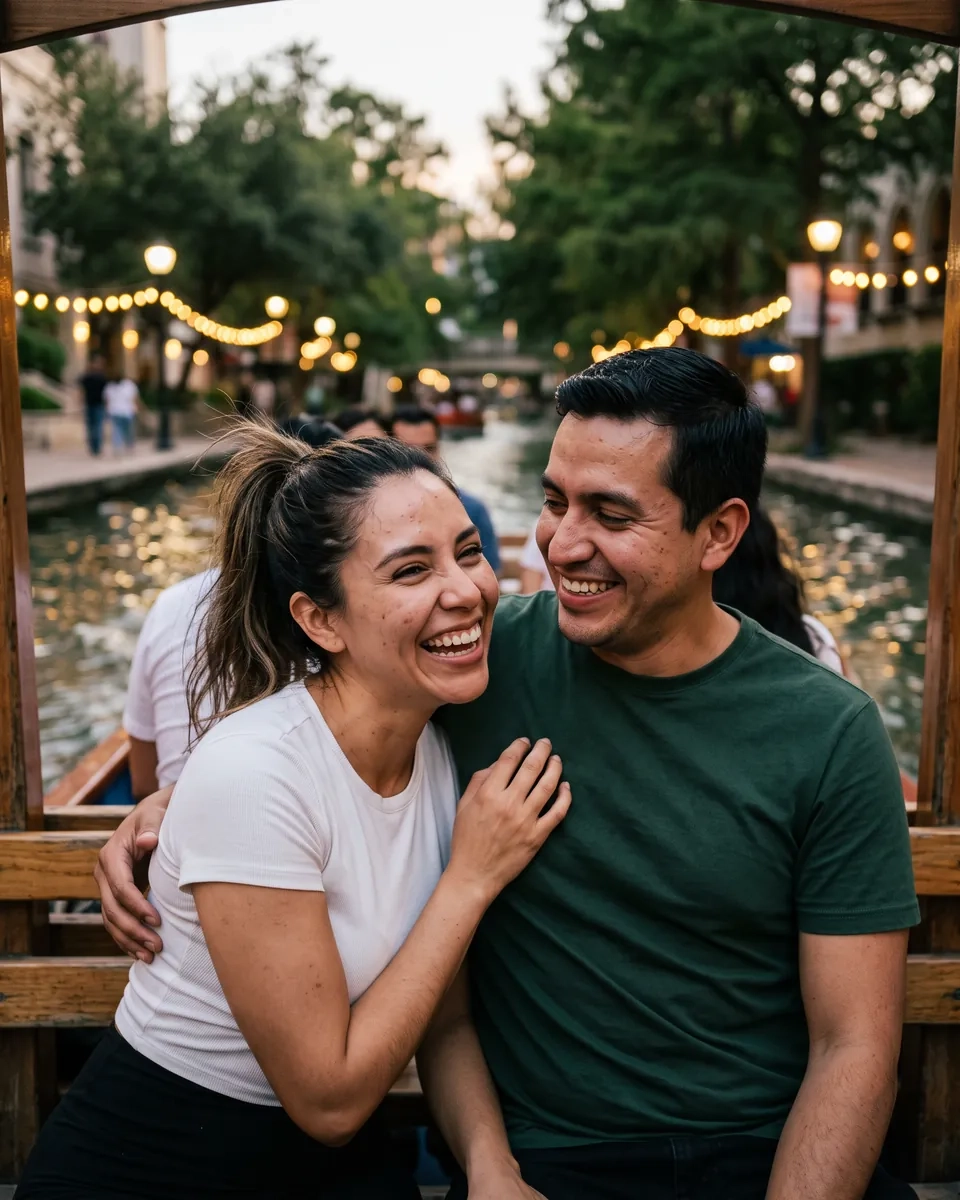Una pareja se ríe abrazada en una lancha que recorre un canal urbano arbolado de Monterrey al anochecer, con luces a lo largo del paseo (imagen generada por IA)