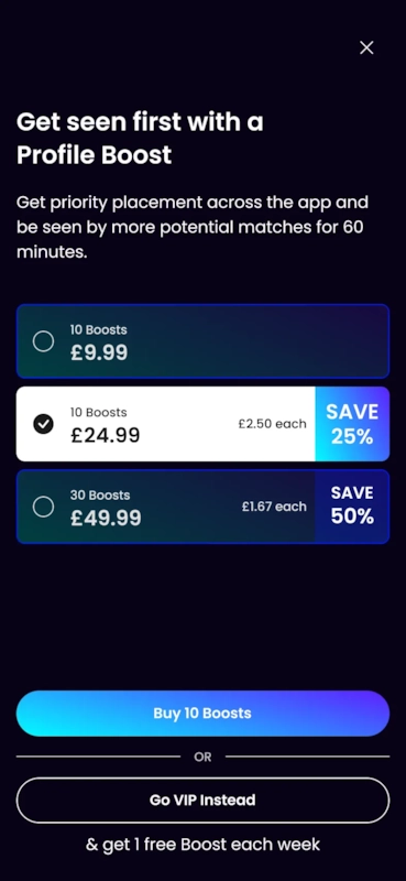 The Boost payment screen for a free member.